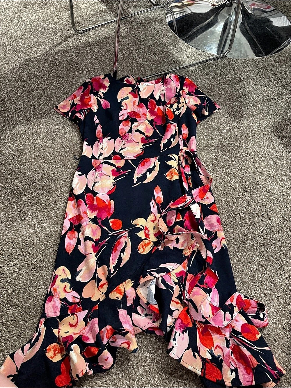 Calvin Klein Floral-Print Short-Sleeve Ruffle-Hem Midi Dress Size 8